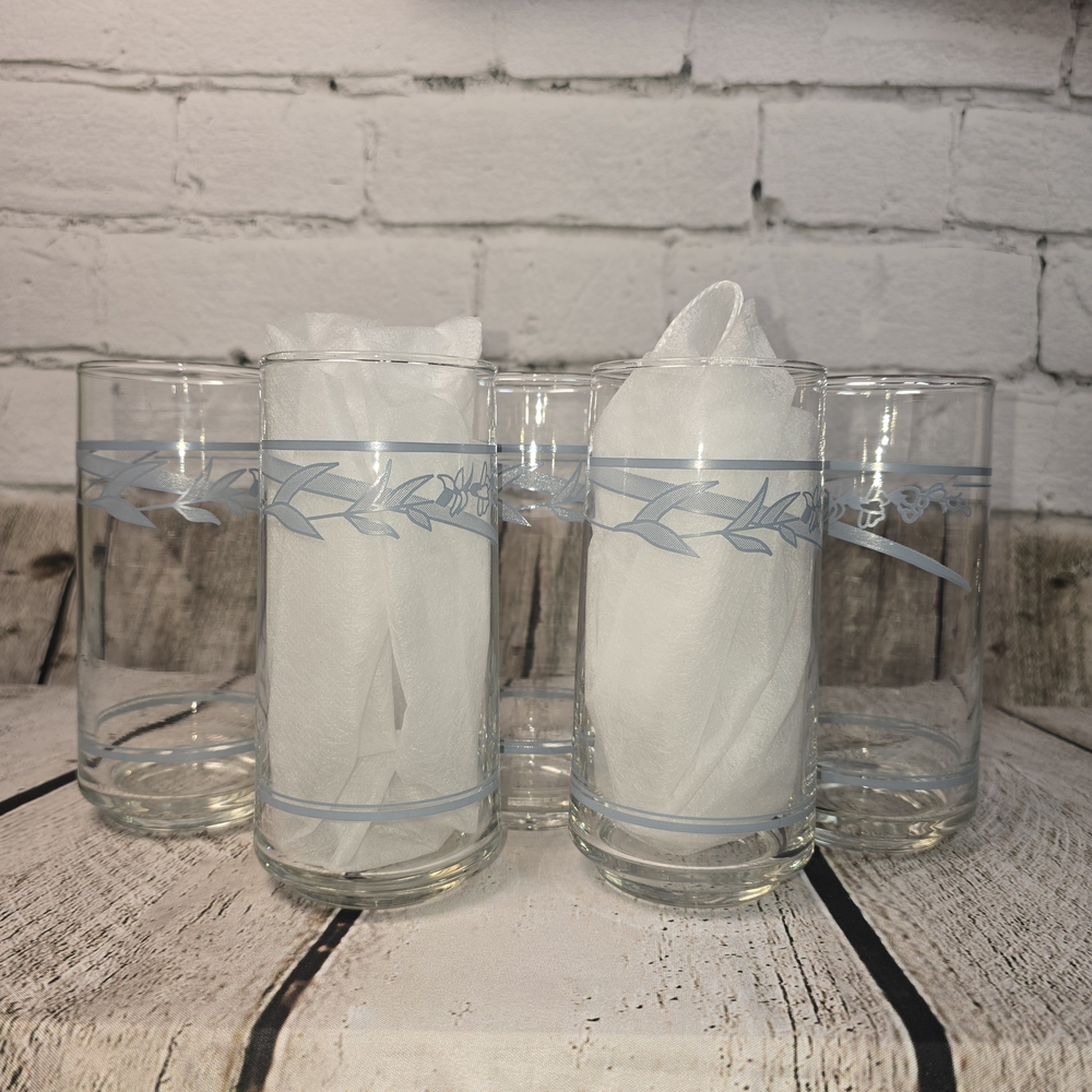 Corelle Glass Tumblers with Pale Blue Vine Accent